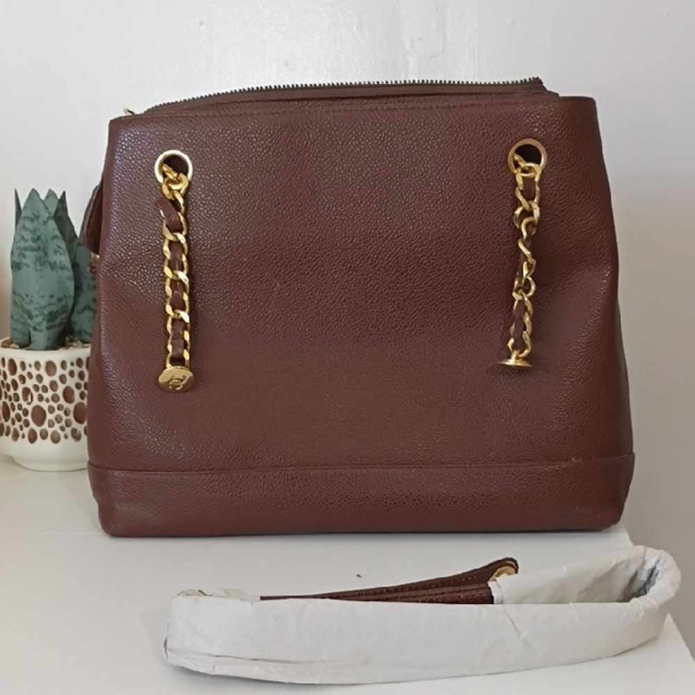 Vintage Chanel Brown Caviar Leather CC Chain Shoulder Bag Authentic - Picture 4 of 15